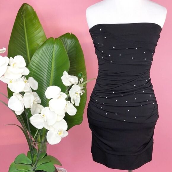 Ruby Rox Ruched Rhinestone Strapless Black Dress - Picture 1 of 9